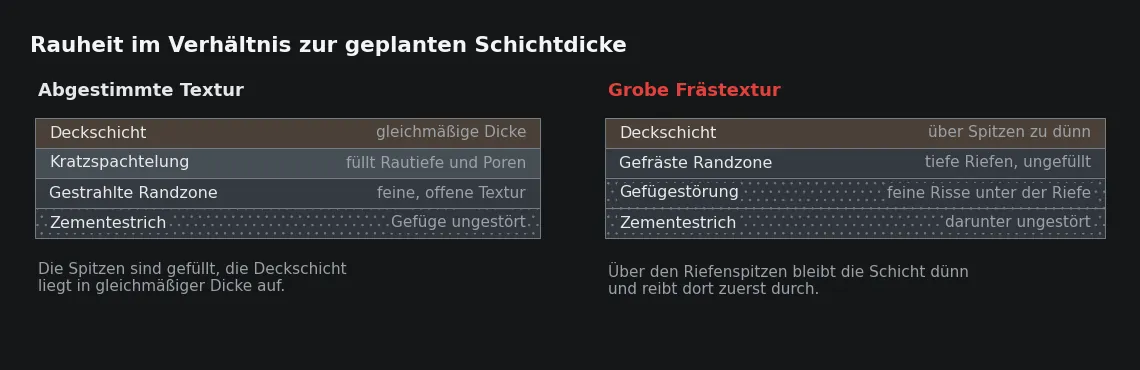 Dieselbe Deckschicht verhält sich auf zwei Texturen unterschiedlich: über Riefenspitzen bleibt sie dünn und verliert dort zuerst Substanz.