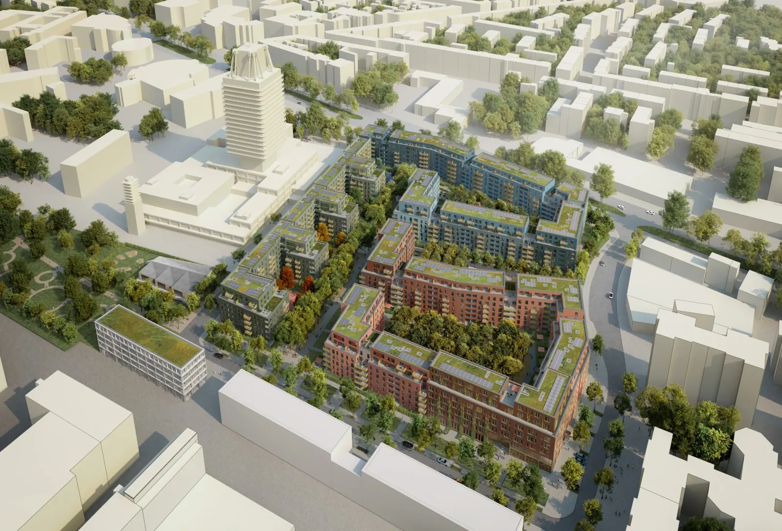 Das Quartier Die Welle in Köln mit mehreren Baukörpern und begrünten Höfen