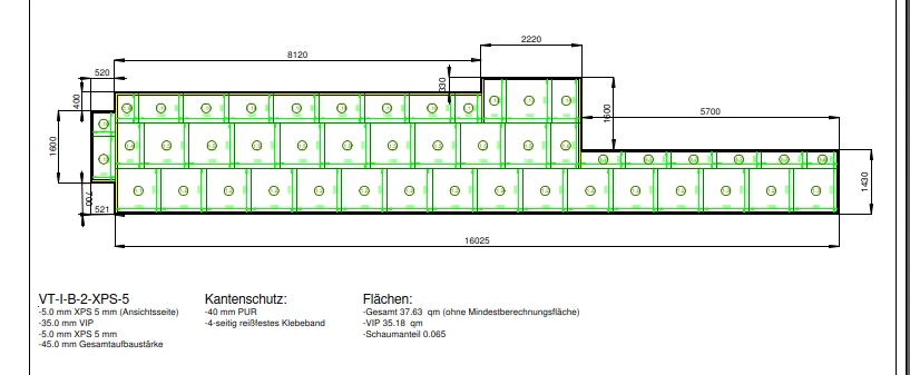 Verlegeplan der Vakuumdämmung mit Paneelraster, Maßketten und Flächenaufstellung